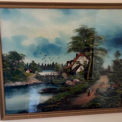 Vintage Gold-Framed Reverse Painted Water Wheel Scene