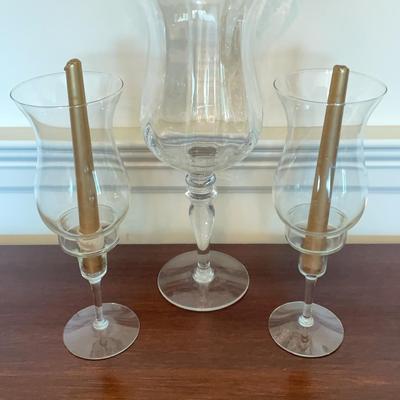 Pair of Glass Hurricane Holders & Stemmed Glass Vase