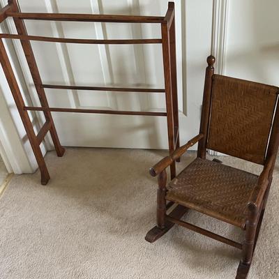 Vintage Wooden Blanket Rack & Miniature Rocking Chair