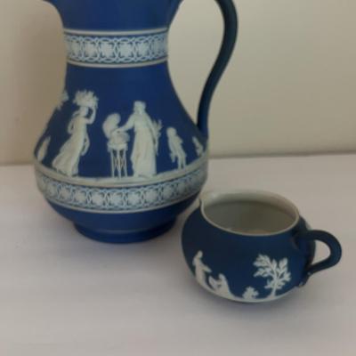 Antique Duo Of Blue Wedgewood Pitchers