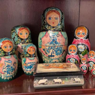 Russian Matryoshkas & Lacquered Scene Trinket Box