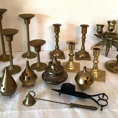 Collection of Brass Candleholders & Incense Burners (17 Pieces)