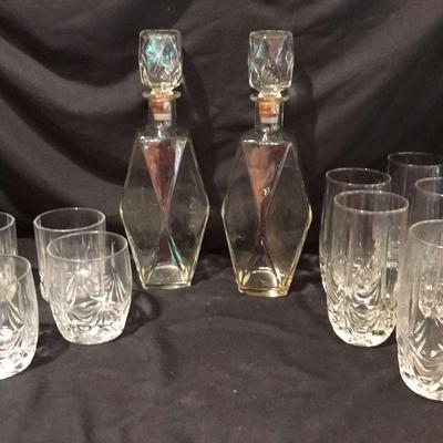 Lot of Crystal Cocktail and Water Glasses with Two Decanters