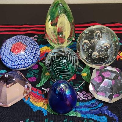 Assorted Glass & Resin Paperweights And Guatemalan Table Runner