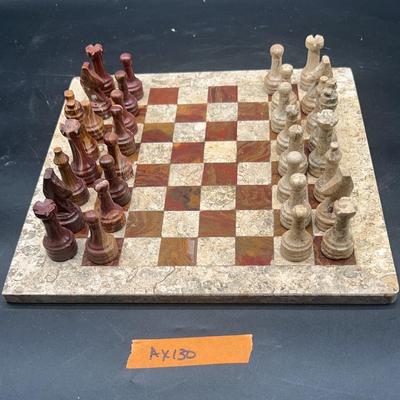 AX130 Complete Fossil & Red Marble Chess Set And Board