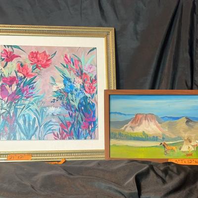 AX123 Mid Century Style Floral Print And Wild West Painting