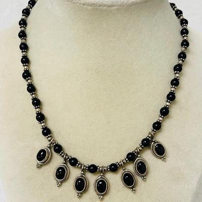 Vintage Sterling Silver and Black Beaded Necklace