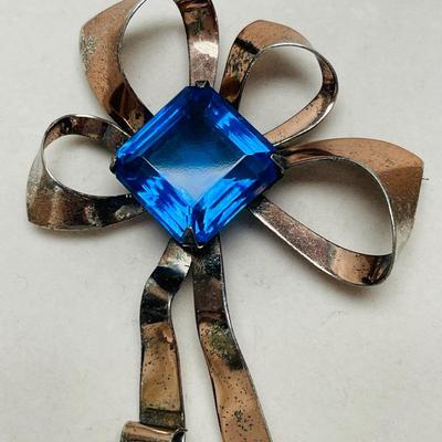 Sterling Silver Bow Brooch with Blue Stone