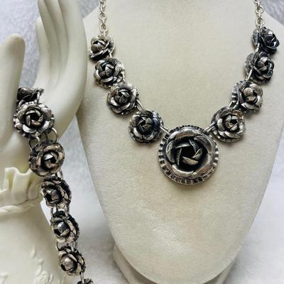 Vintage Silver Rose Jewelry Set