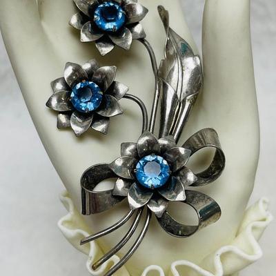 Vintage Sterling and Blue Glass Bead Brooch