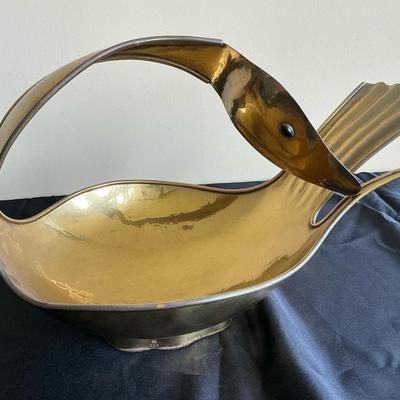 Midcentury Italian hammered Brass Swan basket Italy 