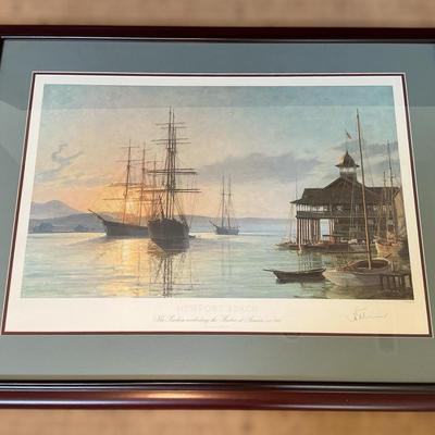 John Stobart “The Pavilion overlooking the Harbor at Sunrise” (39 x 30.5)