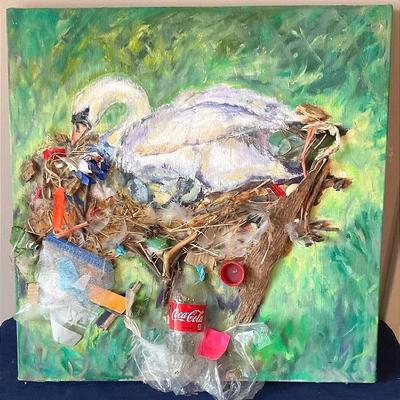Canvas Painting - Swan On Nest Of Different Trash - 3D
