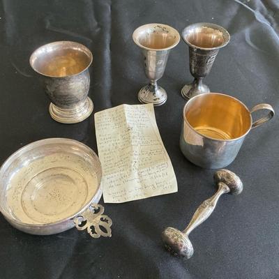 Sterling Silver Baby Rattle, Baby Cup, And Small Chalices 