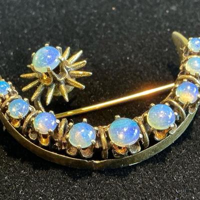 14k Gold Antique Opal Crescent Moon Brooch 