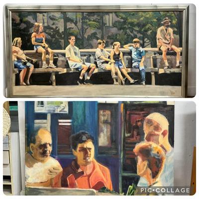 2 Steve Schulman Large People Watching Oil on Canvas Paintings
