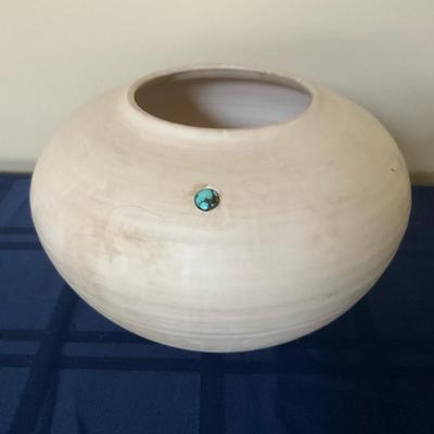 Signed Indian Pottery Vase With Inlaid Turquoise