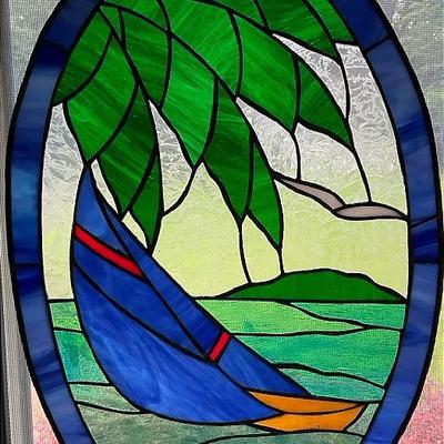 Oval Stained Glass Sailboat Scene Hanging Suncatcher