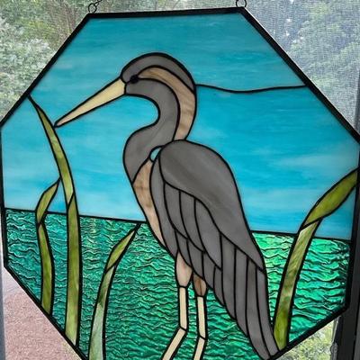 Octagon Shaped Heron / Crane Stained Glass Hanging Suncatcher