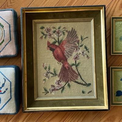 Vintage Framed Needlepoint & Pillows