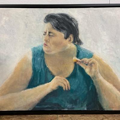 Steve Schulman Portait of a Woman at Brunch Oil on Canvas Painting