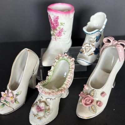 Vintage Porcelain Decorative Shoe Figurines – Set of 5 with Floral Embellishments