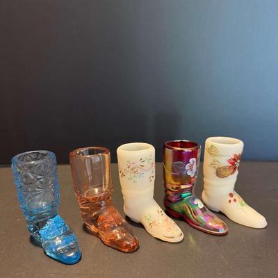 Set of 5 Vintage Glass Cowboy Boot Figurines – Fenton Hand-Painted, Satin & Carnival Styles