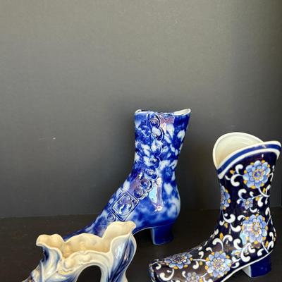 Set of 3 Striking Blue Porcelain Miniature Shoe Vases – Hand-Painted Floral & Victorian Designs