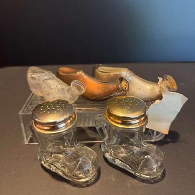 Vintage Miniature Glass Shoe & Boot Bottle Lot – Glitter Bottles + Salt & Pepper Shakers (Set of 5)