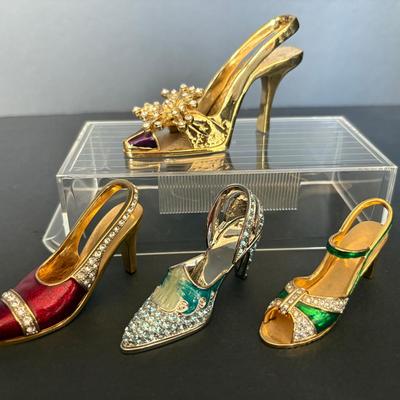 Lot of 4 Jeweled Miniature High Heel Figurines – Enamel, Rhinestone, Gold-Tone Display Shoes