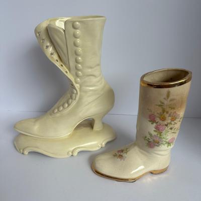Pair of Cream Ceramic Boot Vases – Vintage Victorian & Floral Styles 