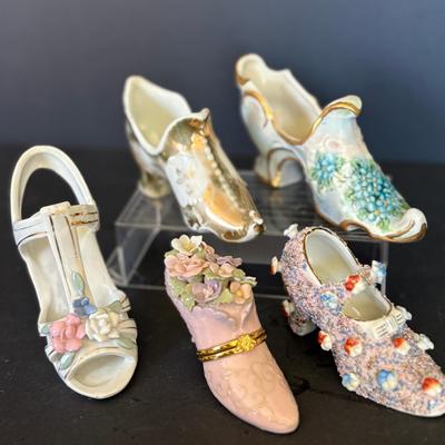 Lot of 5 Vintage Porcelain Shoe Figurines – Floral, Gold-Trimmed, & Textured Victorian-Inspired 