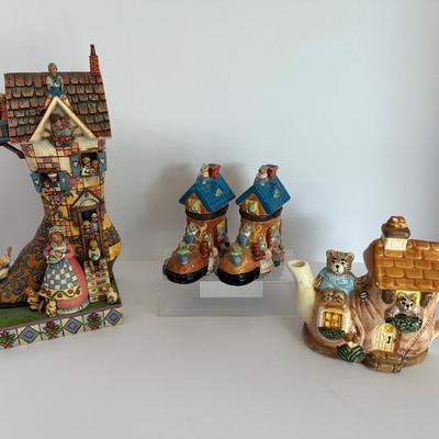 Jim Shore “Old Woman in the Shoe” Figurine + Pair of Mouse Boot Trinket Boxes 