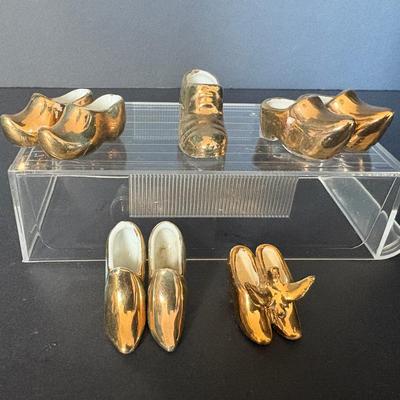 Lot of 9 Vintage Miniature Ceramic Shoe Figurines – Gold Finish, Dutch Clogs, Dress Shoes