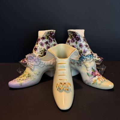 Set of 5 Vintage Porcelain Shoe Figurines – Includes 3 Brum Bros. Floral Boots