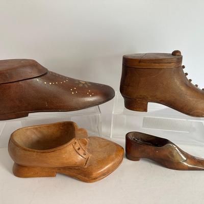 Antique & Vintage Carved Wooden Shoe Figurines and Boxes – Lot of 4