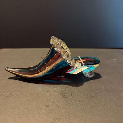 Murano Hand-Blown Art Glass Slipper – Curled Toe with Ruffled Rim & Red-Blue Ribboning