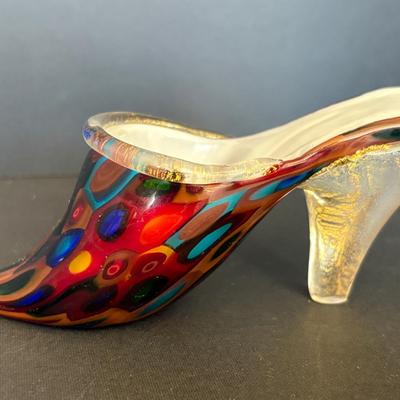 Authentic Murano Art Glass Slipper – Millefiori Red with Gold Foil, Labeled "Genuine Venetian Glass"