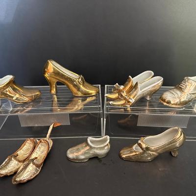 Gold-Tone Miniature Shoe Figurines – Ceramic, Porcelain & Handcrafted Leather Pair (Set of 7)