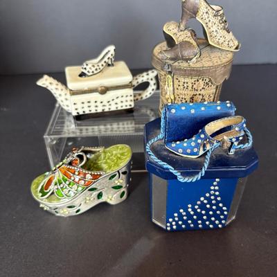 Lot of 4 Shoe-Themed Decorative Trinket Boxes – Whimsical Mixed Media Collectibles 