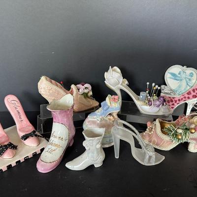 Glamorous Shoe Figurine & Pincushion Collection – 9-Piece Vintage Vanity Lot