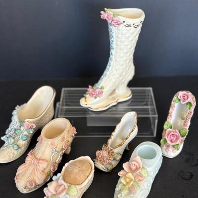 Set of 7 Vintage Porcelain Floral Shoe Figurines – Victorian Style with Applied Roses & Lace Detail