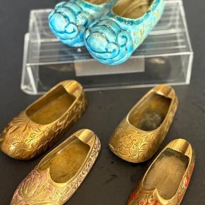 Set of 5 Ornamental Miniature Shoes – Brass & Enameled Cloisonné Styles 