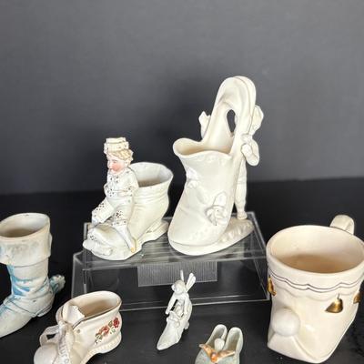 7-Piece Vintage Porcelain Shoe-Themed Figurine & Planter Lot – Victorian & Cherub Accents 