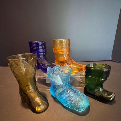 Set of 5 Vintage Pressed Glass Boot Figurines – Multicolor Decorative Collectibles
