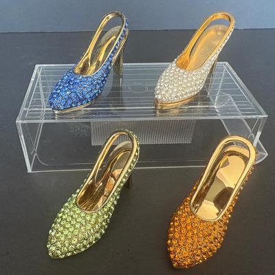 Set of 4 Rhinestone-Covered Miniature High Heels – Gold Finish Collectible Glam Decor