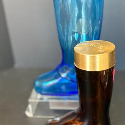 Set of 2 Vintage Boot-Shaped Glass Collectibles – Blue Lustre Glass & Avon Wild Country Bottle