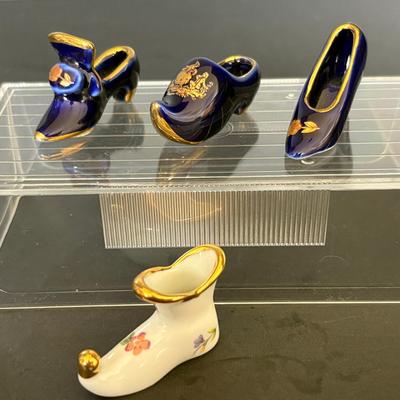 Set of 4 Vintage Limoges Porcelain Miniature Shoes – Cobalt Blue & Floral Accents