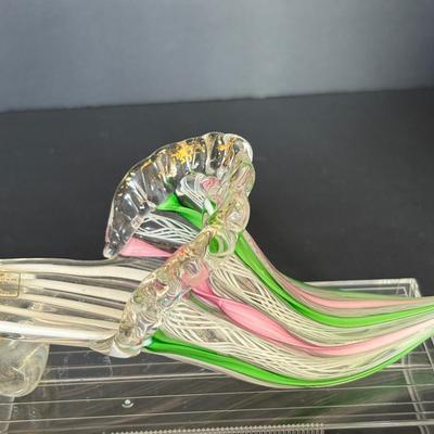 Murano Art Glass Slipper – Vintage Venetian Ribbon Glass, Pink & Green, Italy