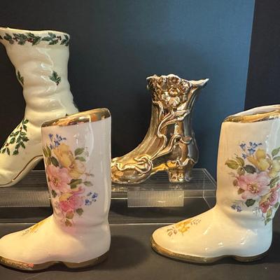 Vintage Floral Ceramic Boot Figurines – Set of 4
